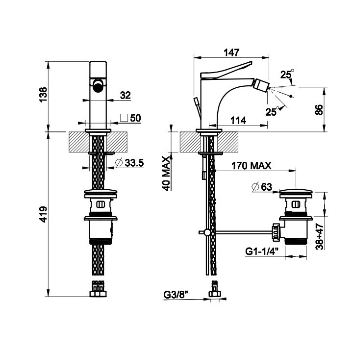 Bateria umywalkowa Gessi Rilievo, stojąca, wysokość 301mm, korek automatyczny, chrom