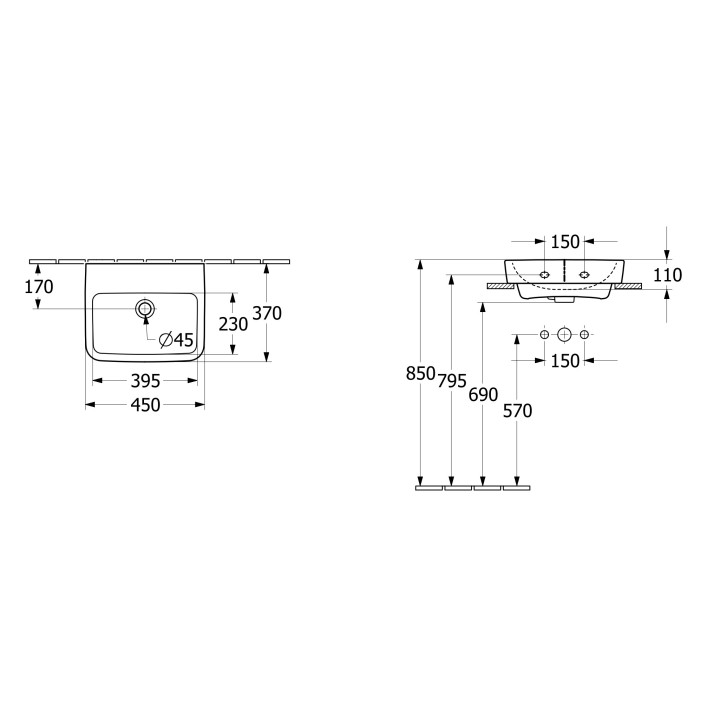 Umywalka nablatowa Villeroy & Boch O.novo, 45x37cm, bez przelewu, otwór na baterię, Weiss Alpin