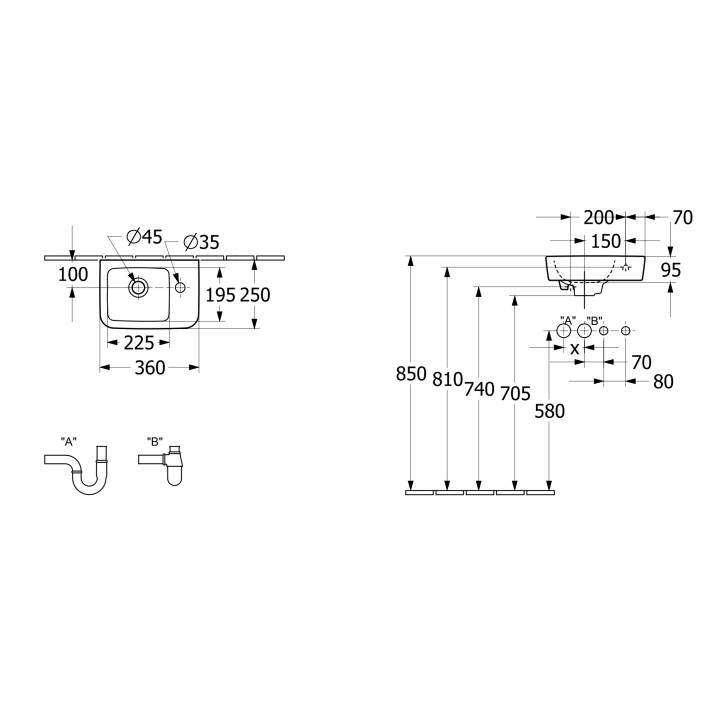 Mała umywalka wisząca Villeroy&Boch O.novo, 36x25cm, z przelewem, otwór na baterię po prawej stronie, Weiss Alpin