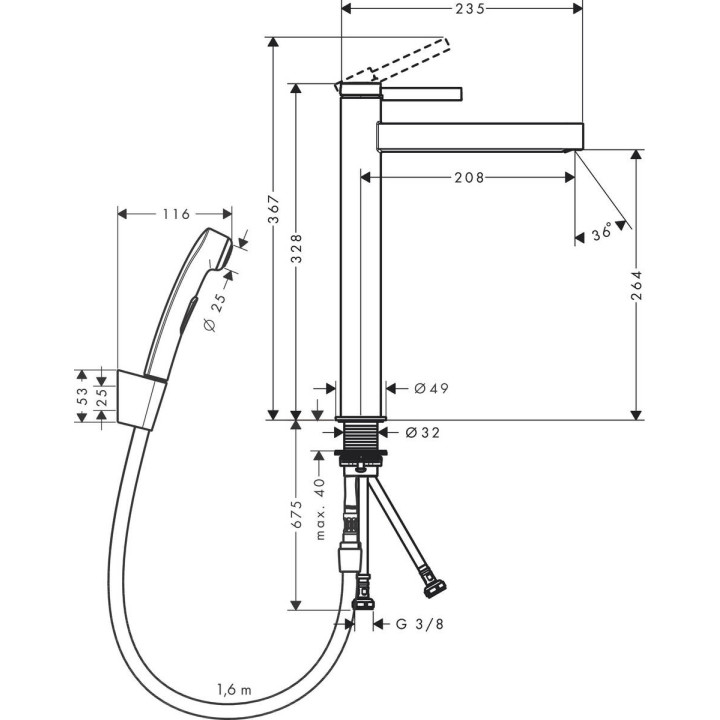 Bateria umywalkowa Hansgrohe Finoris, stojąca, wysokość 182mm, z główką Bidette i wężem 160cm, chrom