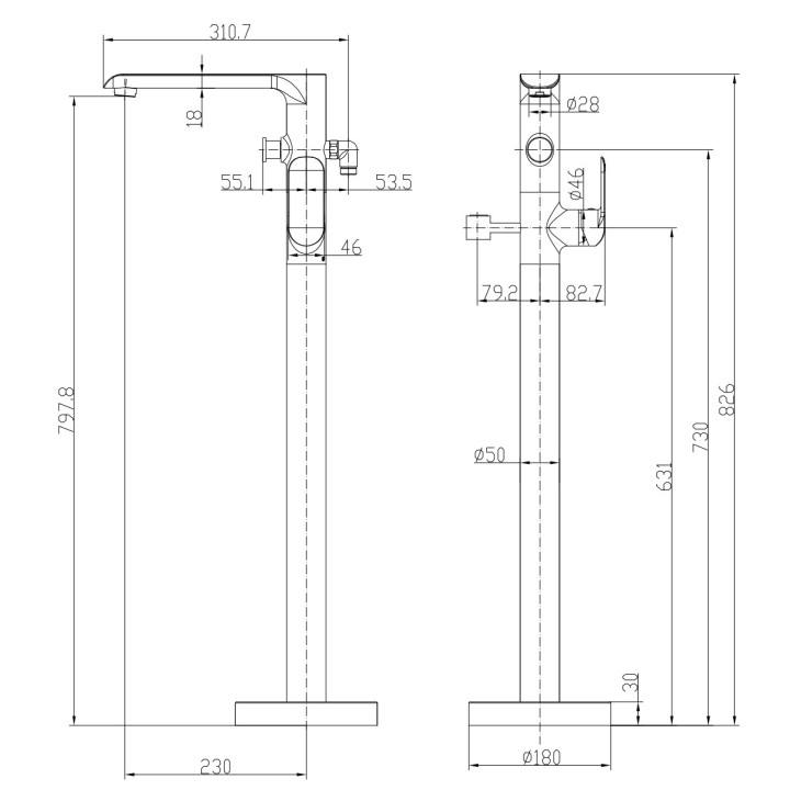 Bateria wannowa 4-otworowa Omnires Sacramento, stojąca, 2 wyjścia wody, wylewka 180mm, chrom