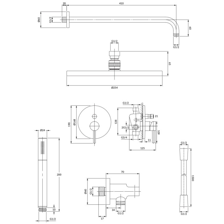 System prysznicowy Omnires Y, podtynkowy, 2 wyjścia wody, deszczownica 25cm, słuchawka 1-funkcyjna, grafit