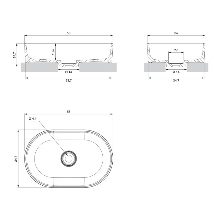 Umywalka nablatowa Omnires Shell M+, 60x35cm, bez przelewu, biały połysk