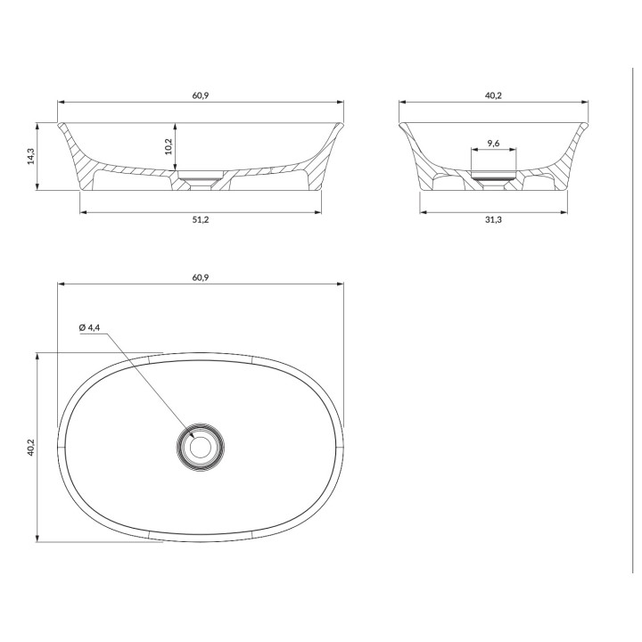Umywalka nablatowa Omnires Ovo M+, 55x36cm, bez przelewu, biały połysk
