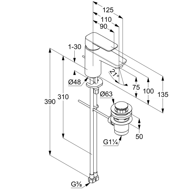 Bateria umywalkowa Kludi Pure&Style, stojąca, wysokość 135mm, bez zestawu odpływowego, czarny mat