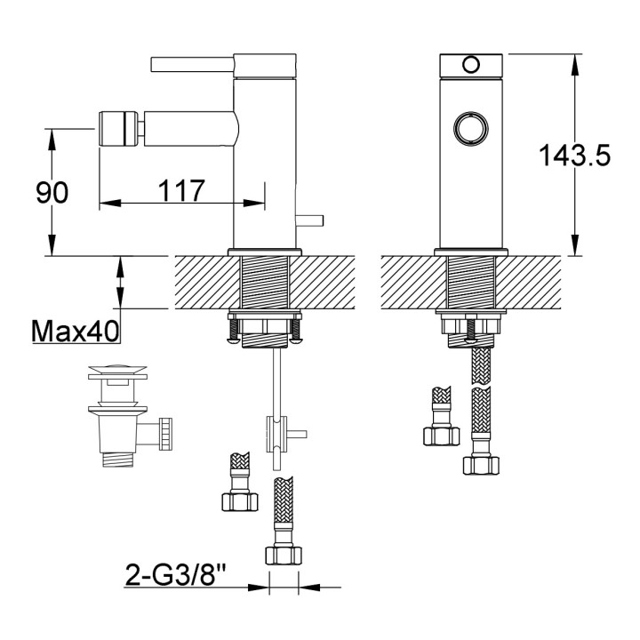 Bateria bidetowa Kohlman Axel, stojąca, wysokość 143mm, wylewka 117mm, korek automatyczny, chrom