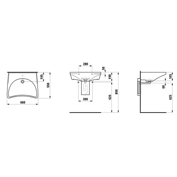 Umywalka ścienna 600 x 380 mm bez otworu na baterię biała Laufen Pro S, H8189590001091