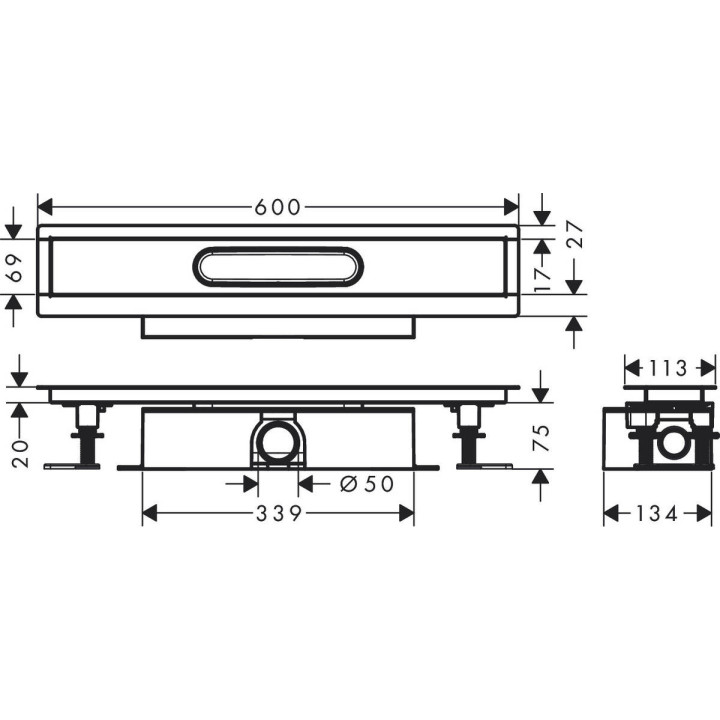Kompletny zestaw do montażu standardowego Hansgrohe uBox universal, 70 cm, do odpływu liniowego do wyłożenia płytkami