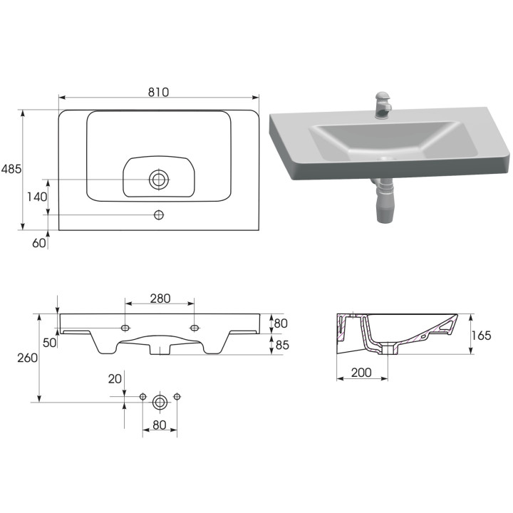 Umywalka meblowa Cersanit Mille, 100cm, z przelewem, z otworem na baterię, biały