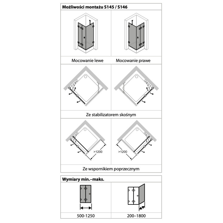 Prysznicowe drzwi skrzydłowe na wymiar Huppe Solva bezramowa, mocowanie lewe, 500-1250 x 200x1200 mm, ze ścianką boczną, szkło p