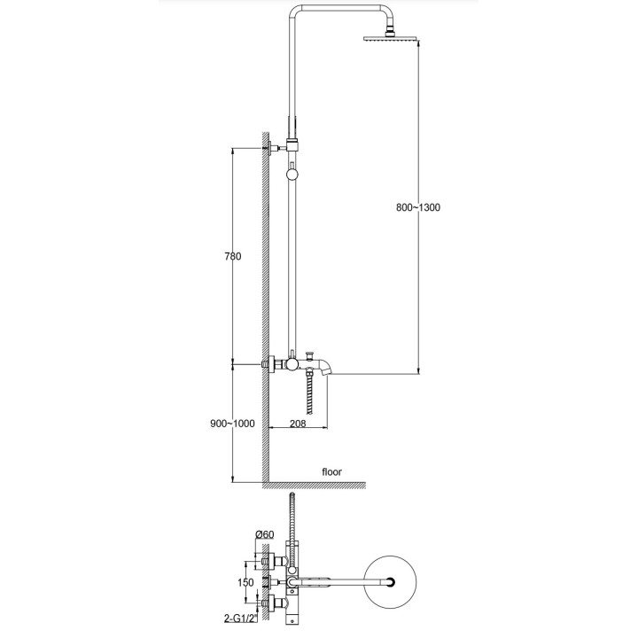 Zestaw prysznicowy Kohlman Axel Gold, podtynkowy, okrągła deszczownica 25 cm, 2 wyjścia wody - złoty błyszczący
