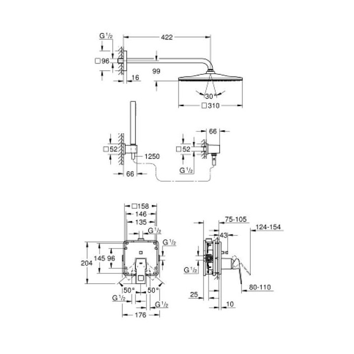 Zestaw prysznicowy Grohe Eurocube, podtynkowy, z deszczownicą Rainshower Mono 310 Cube, chrom