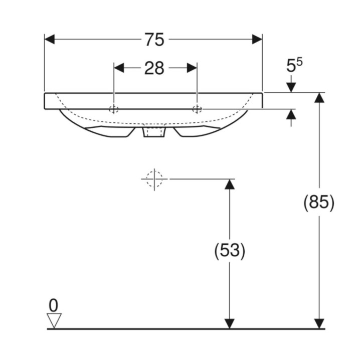 Umywalka nablatowa Geberit iCon, 75x48cm, z przelewem, bez otworu na baterię, biały