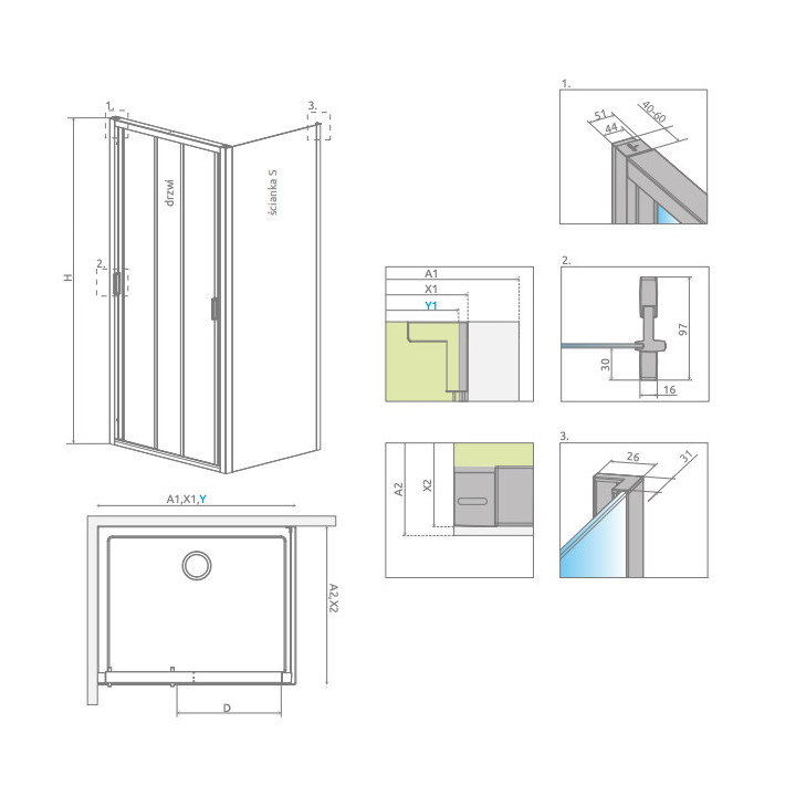 Ścianka boczna S1 80 do kabin prysznicowych Radaway Nes 8 Frame, 800x2000mm