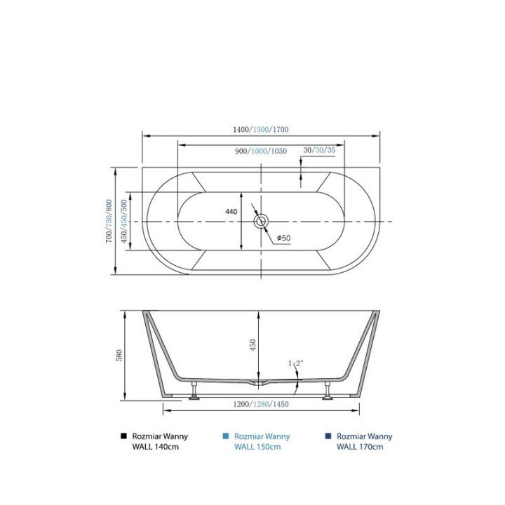 PYTAJ O RABAT ! Wanna wolnostojąca Massi Wall, 170x75x58 cm, bez przelewu, biała