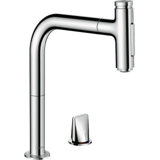 Bateria kuchenna Hansgrohe Metris Select M71, 2-otworowa, stojąca, wysokość 320mm, wyciągana wylewka, stal szlachetna 