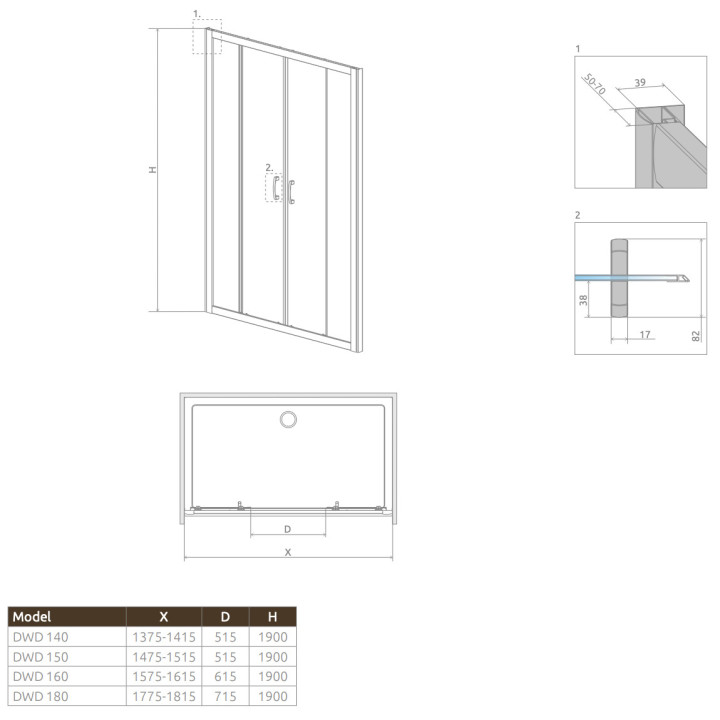 Drzwi prysznicowe do wnęki Radaway Carena DWB 90, prawe, 893-905mm, szkło przejrzyste, profil chrom