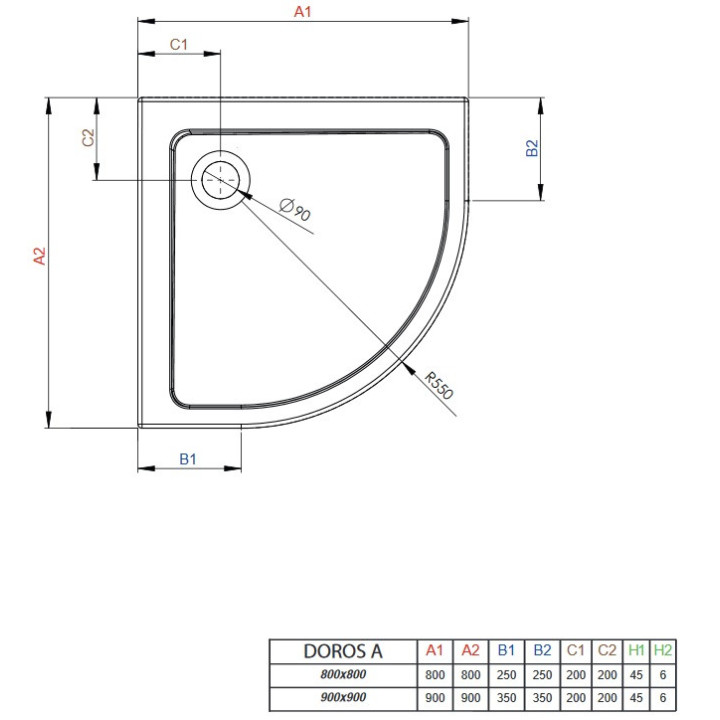 Brodzik akrylowy, półokrągły Radaway DOROS A 90x90, biały