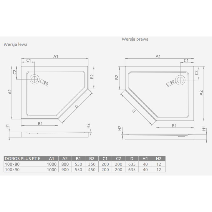 Brodzik pięciokątny Radaway Doros PT Compact, 100x100cm, akrylowy, stone antracytowy