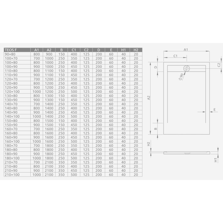 Brodzik prostokątny Radaway Kyntos F, 210x90cm, konglomerat marmurowy, cemento