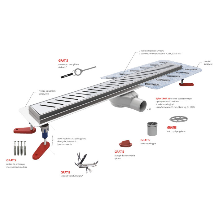 Odpływ liniowy, pełny zestaw,  Wiper New Premium, 500mm, wzór Ponente, wykończenie poler