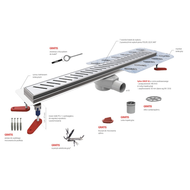 Odpływ liniowy, pełny zestaw,  Wiper New Premium, 500mm, wzór Ponente, wykończenie poler