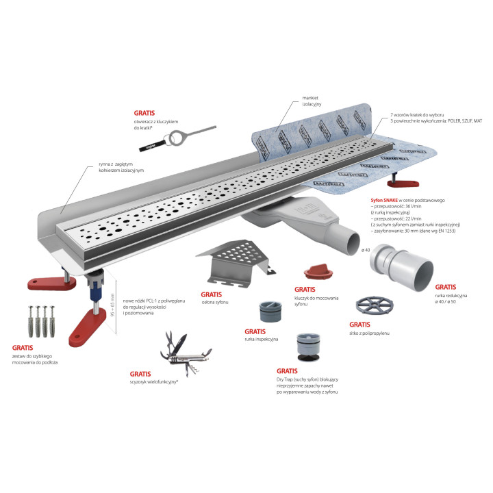 Odpływ liniowy, pełny zestaw,  Wiper New Premium, 500mm, wzór Ponente, wykończenie poler