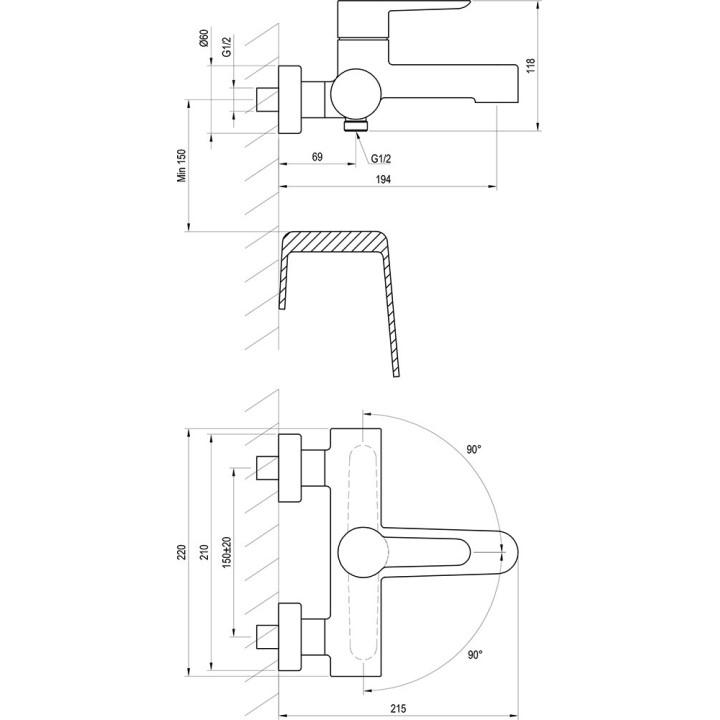 Bateria wannowa Ravak Puri, naścienna, rozstaw 150 mm, PU 022.00/150