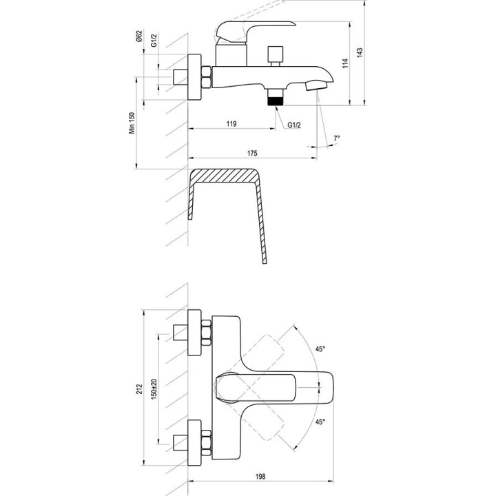 Bateria wannowa Ravak Flat, natynkowa, 1-uchwytowa, FL 022.00/150
