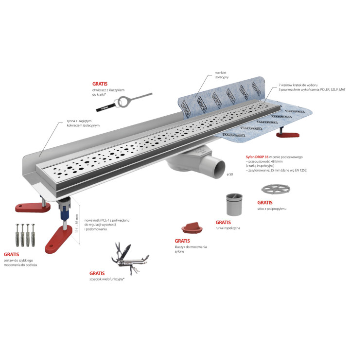 Odpływ liniowy, pełny zestaw,  Wiper New Premium, 500mm, wzór Ponente, wykończenie poler