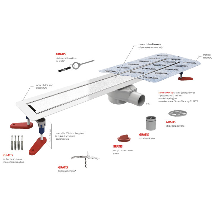 Odpływ liniowy, pełny zestaw, Wiper New Invisible, 500mm, do zabudowania płytkami, syfon Drop 35, wykończenie szlif/mat