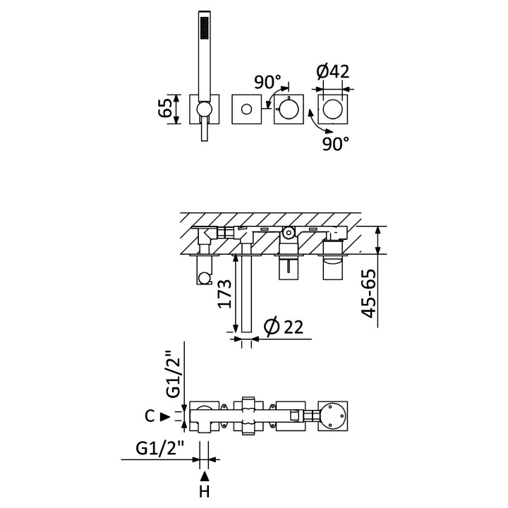Podtynkowa bateria wannowa Bruma Avalon Edge, 4-otworowa, 3 wyjścia wody, wylewka 210mm, zestaw natryskowy, chrom