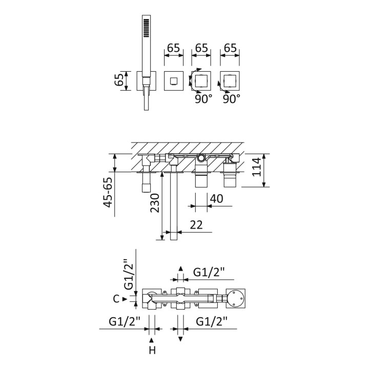 Podtynkowa bateria wannowa Bruma Quadra, 4-otworowa, 3 wyjścia wody, wylewka 230mm, zestaw natryskowy, Escudo, chrom
