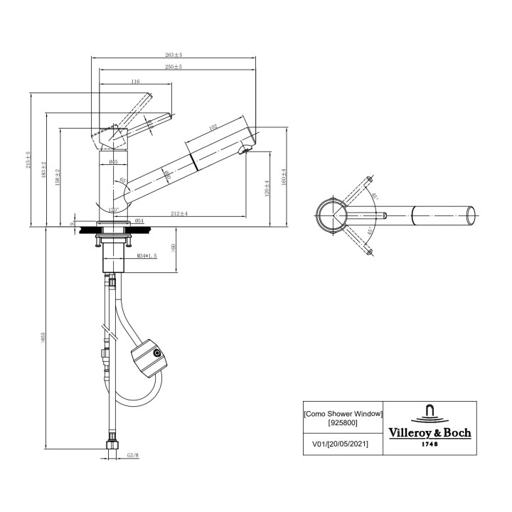 Bateria zlewozmywakowa Villeroy & Boch Como Shower Window, wysokość 215mm, wyciągana wylewka, stal nierdzewna