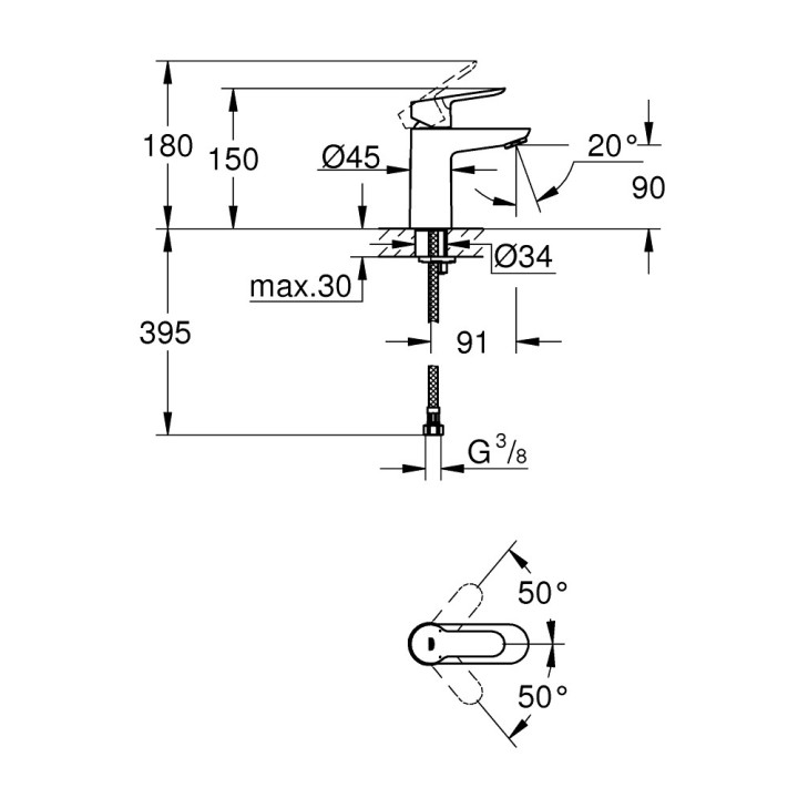 Bateria umywalkowa Grohe BauEdge, stojąca, wysokość 180mm, 5,7 l/min, chrom