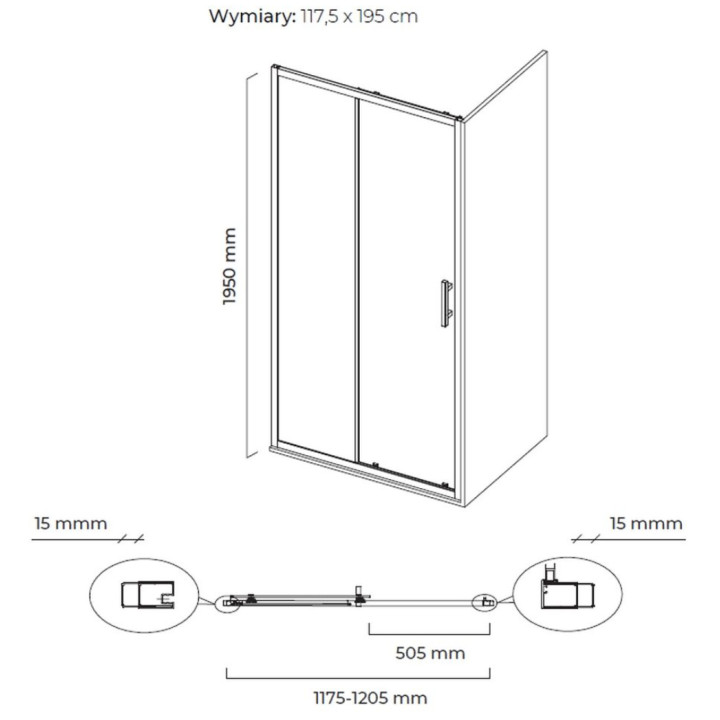 Drzwi prysznicowe do wnęki Oltens Fulla, 120x195cm, szkło przezroczyste, profil chrom