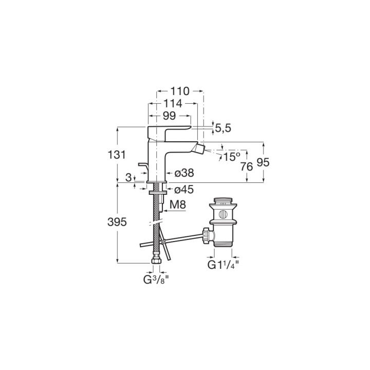 Bateria bidetowa Roca Cala, stojąca, bez korka, czarny mat