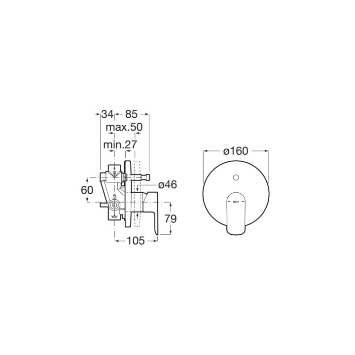 Bateria natryskowa Roca Cala, podtynkowa, 1 wyjście wody, chrom