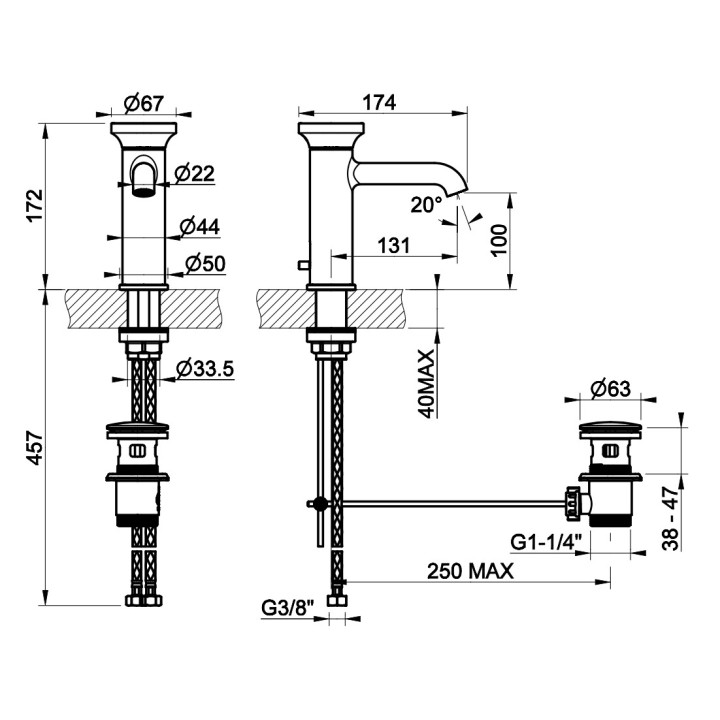 Bateria umywalkowa Gessi Origini, stojąca, wysokość 172mm, korek automatyczny, chrom