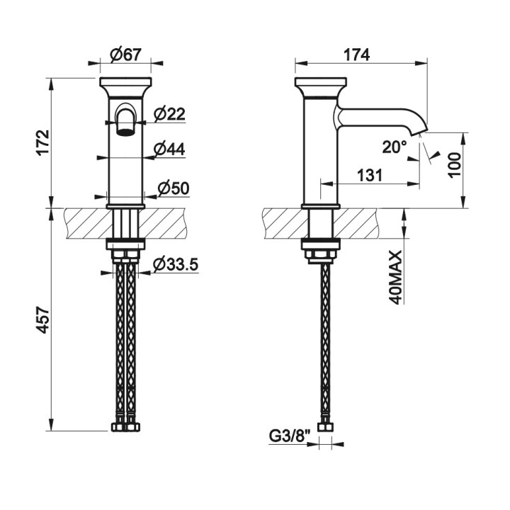 Bateria umywalkowa Gessi Origini, stojąca, wysokość 172mm, korek automatyczny, chrom