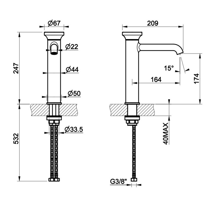 Bateria umywalkowa Gessi Origini, stojąca, wysokość 247mm, korek automatyczny, chrom