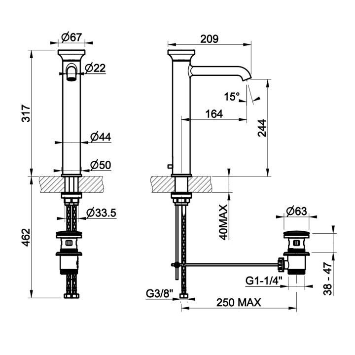 Bateria umywalkowa Gessi Origini, stojąca, wysokość 247mm, korek automatyczny, chrom