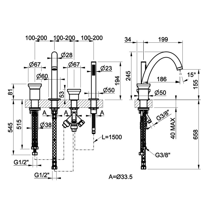 Bateria bidetowa Gessi Origini, stojąca, wysokość 157mm, korek automatyczny, chrom