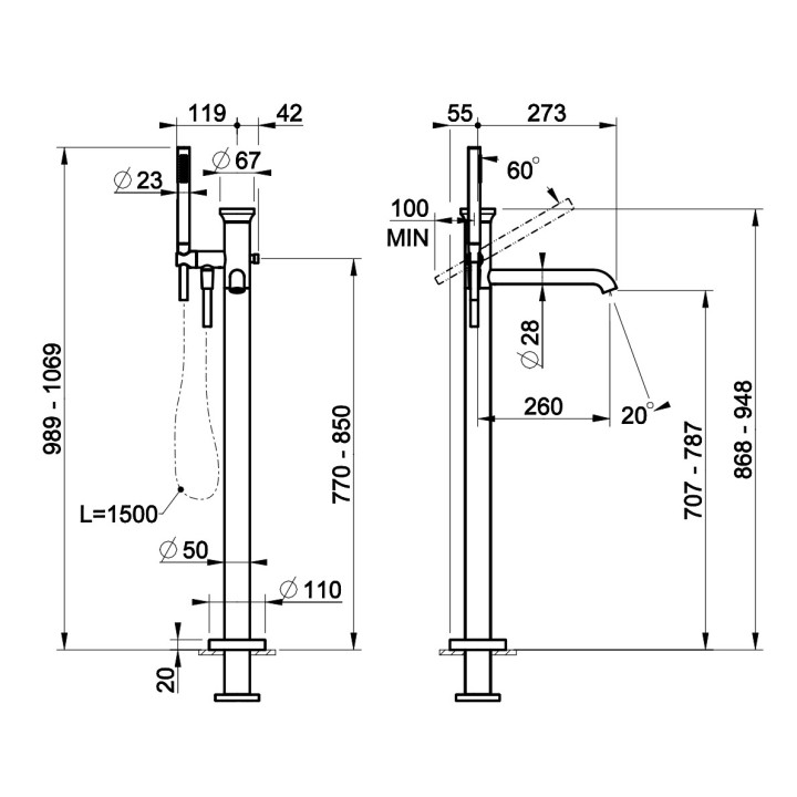 Bateria wannowa 3-otworowa Gessi Origini, stojąca, bez wylewki, 2 wyjścia wody, zestaw natryskowy, chrom