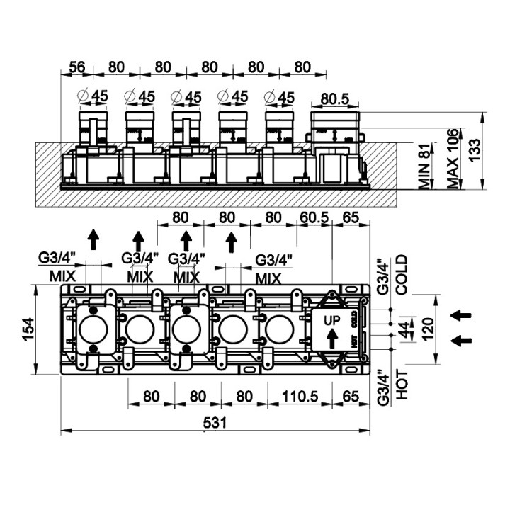 Element podtynkowy Gessi dla termostatycznej baterii natryskowej, 3 jednoczesne wyjścia wody