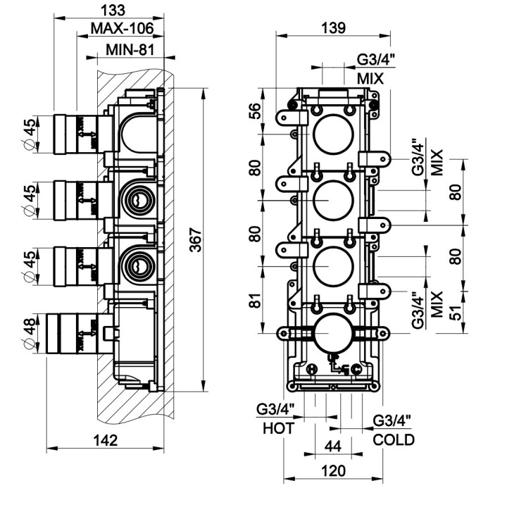 Element podtynkowy Gessi dla termostatycznej baterii natryskowej, 2 osobne wyjścia wody