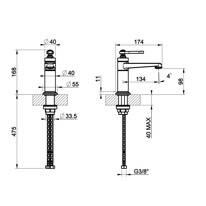 Bateria umywalkowa Gessi Venti20, stojąca, wysokość 168mm, korek automatyczny, chrom