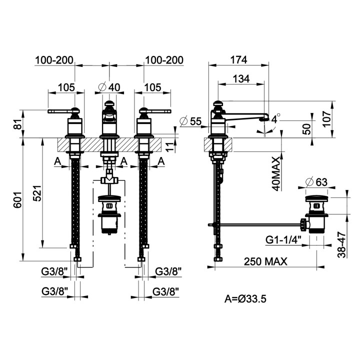Bateria umywalkowa Gessi Venti20, stojąca, wysokość 317mm, korek automatyczny, chrom