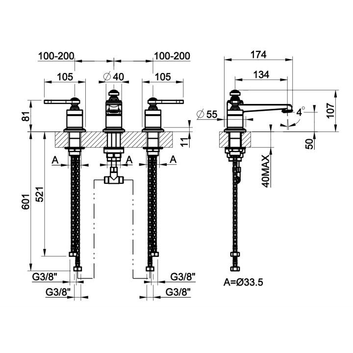 Bateria umywalkowa 3-otworowa Gessi Venti20, stojąca, wysokość 107mm, korek automatyczny, chrom