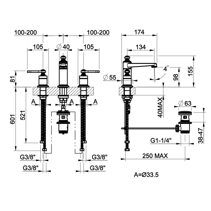 Bateria umywalkowa 3-otworowa Gessi Venti20, stojąca, wysokość 107mm, korek automatyczny, chrom